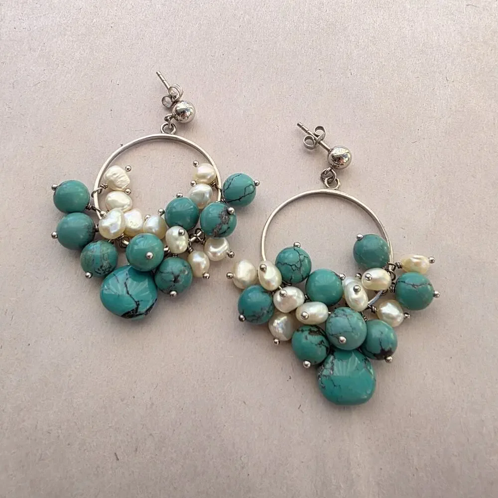 Diana Venezia Sterling Silver 925 Earrings Turquoise Boho Beaded Dangle‎ Cluster